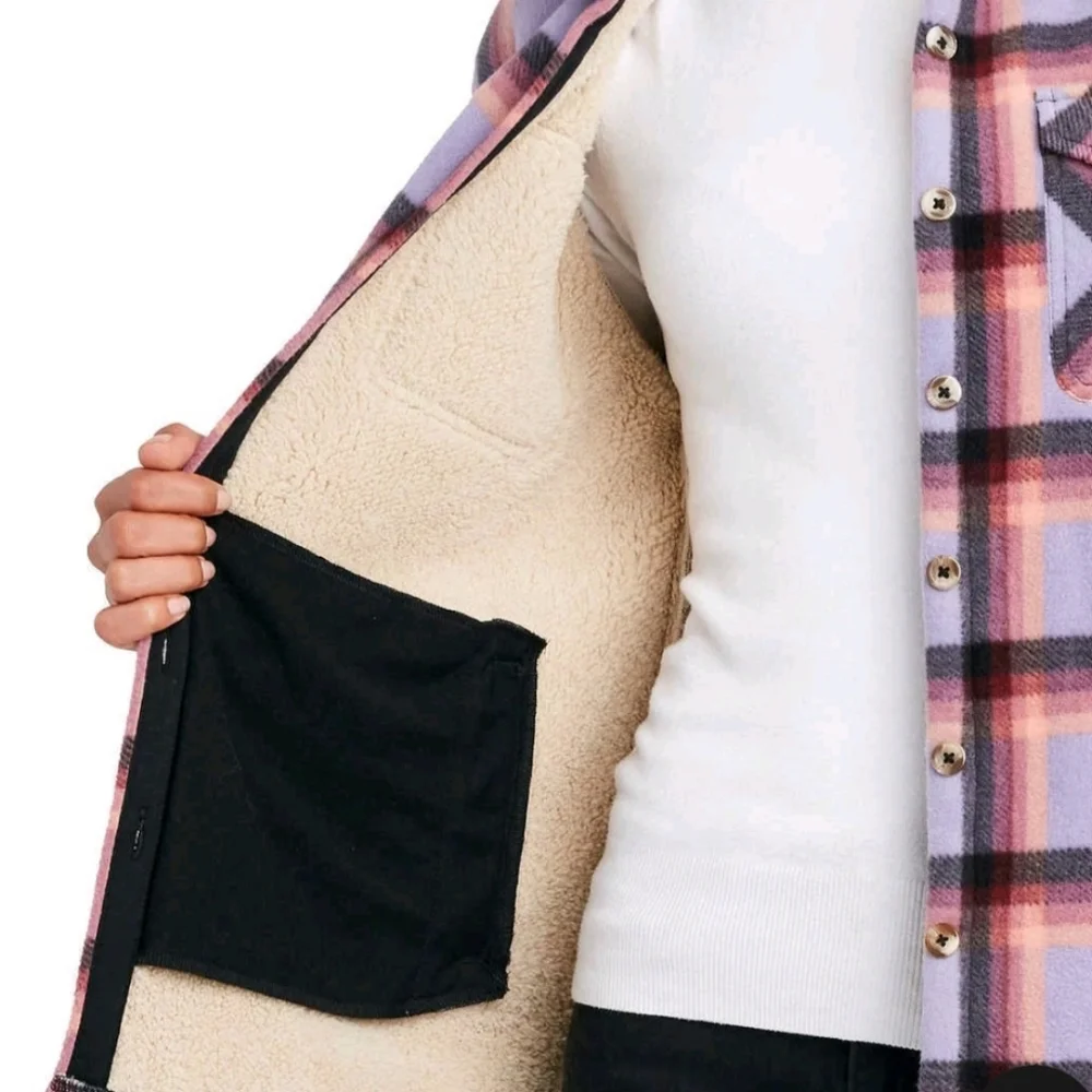 Sage Ladie's Plush Plaid Shirt Jacket In Purple. M - Picture 4 of 14